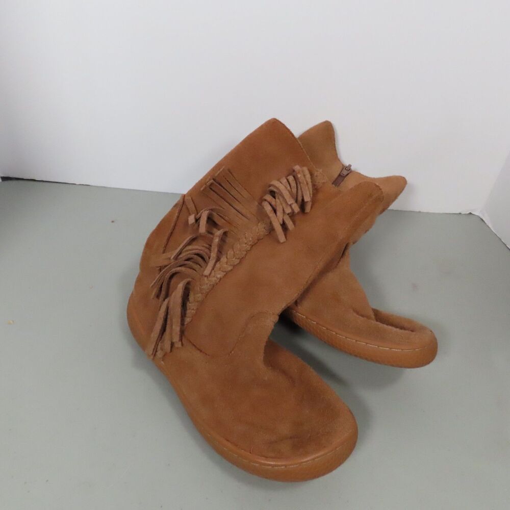 Livie and Luca Sonoma Girls Suede Fringe Boots Tan Shearling Lined Zip Size 1Y